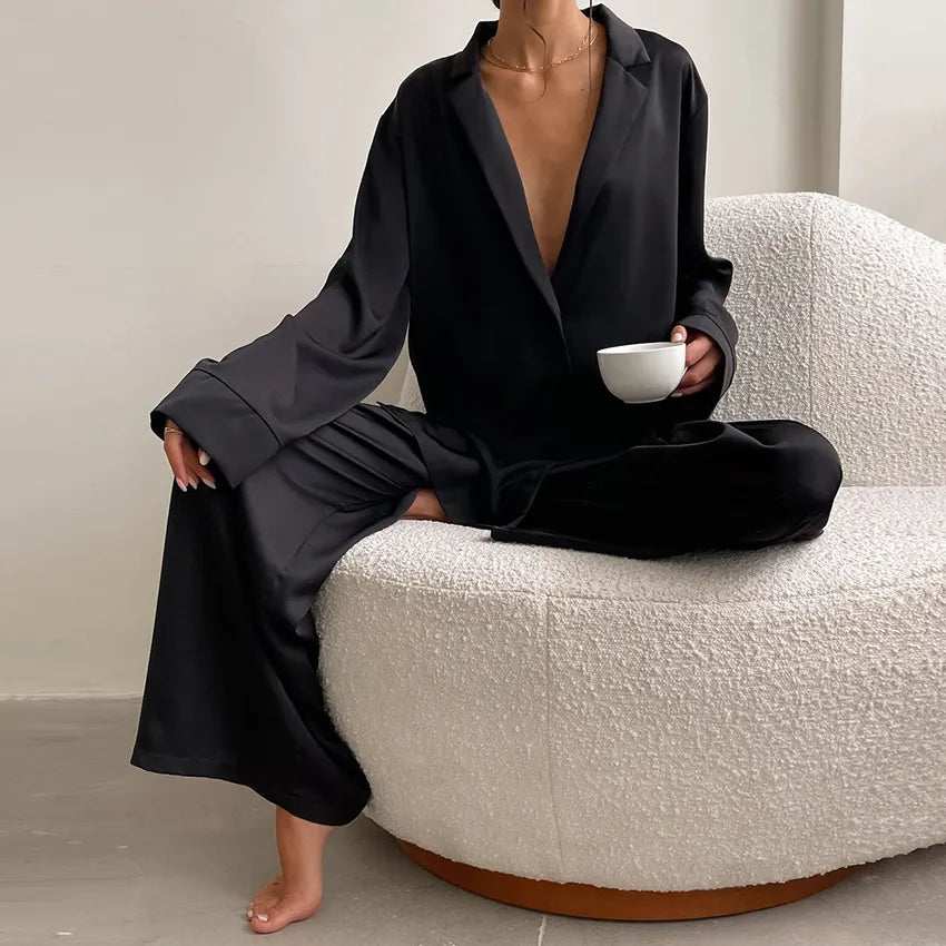 Oversized Satin Silk Sleepwear Low Cut Women Pajamas