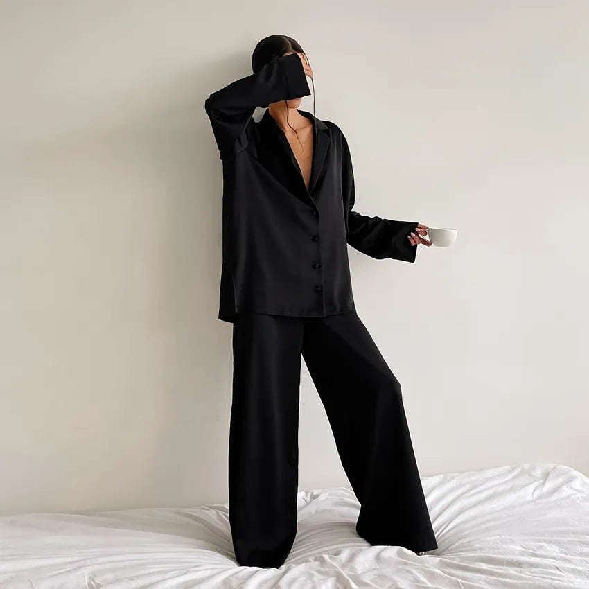 Oversized Satin Silk Sleepwear Low Cut Women Pajamas