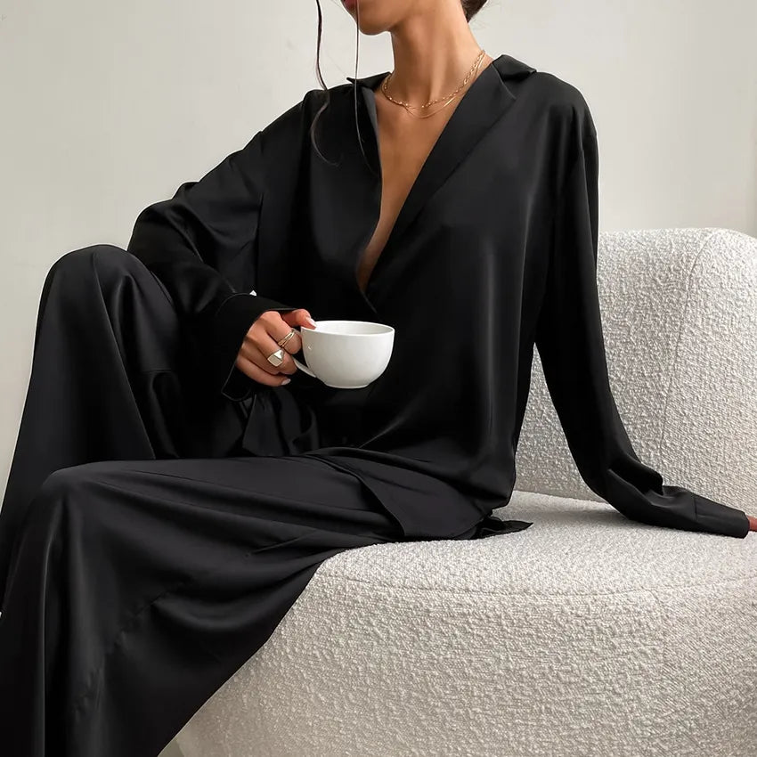 Oversized Satin Silk Sleepwear Low Cut Women Pajamas