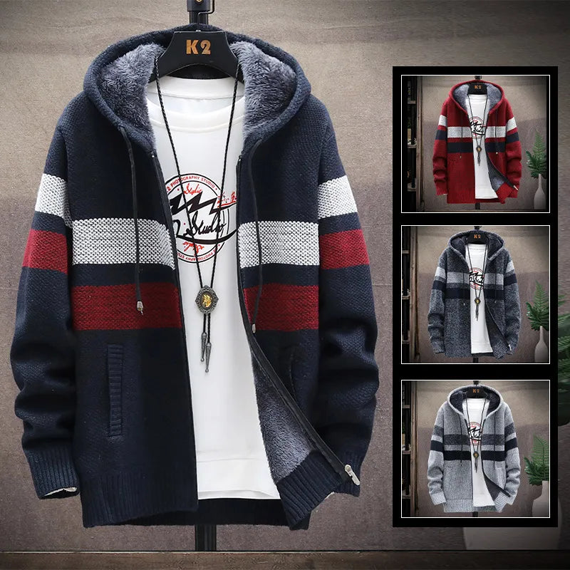 Warm Striped Men Hooded Cardigan Sweatercoat