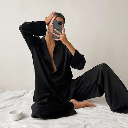 Oversized Satin Silk Sleepwear Low Cut Women Pajamas