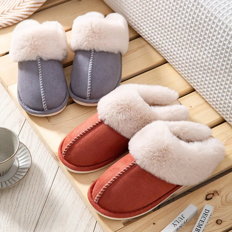 Women Soft Fur and Cotton Warm Home Flat Slippers