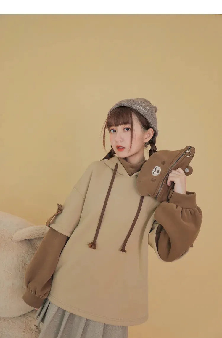 Harajuku Style Streetwear Women Hoodie with Cute Bear Bag