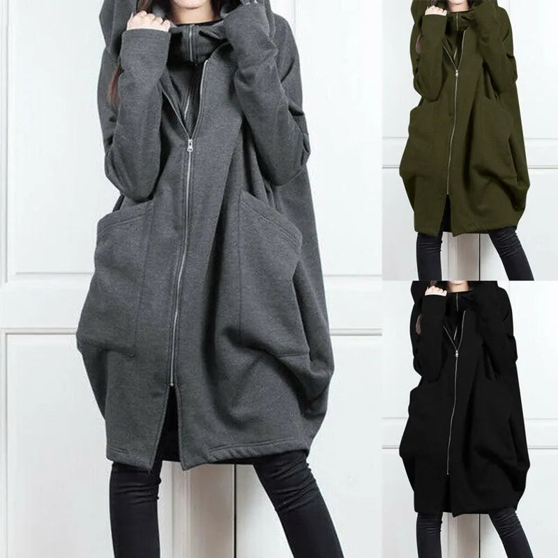 Long Loose Zip Up Women Hoodie Coat