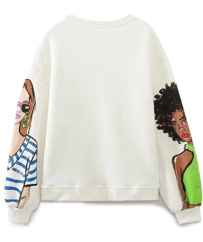 Women Modern Print Loose Fleece Sweatshirt Pullover