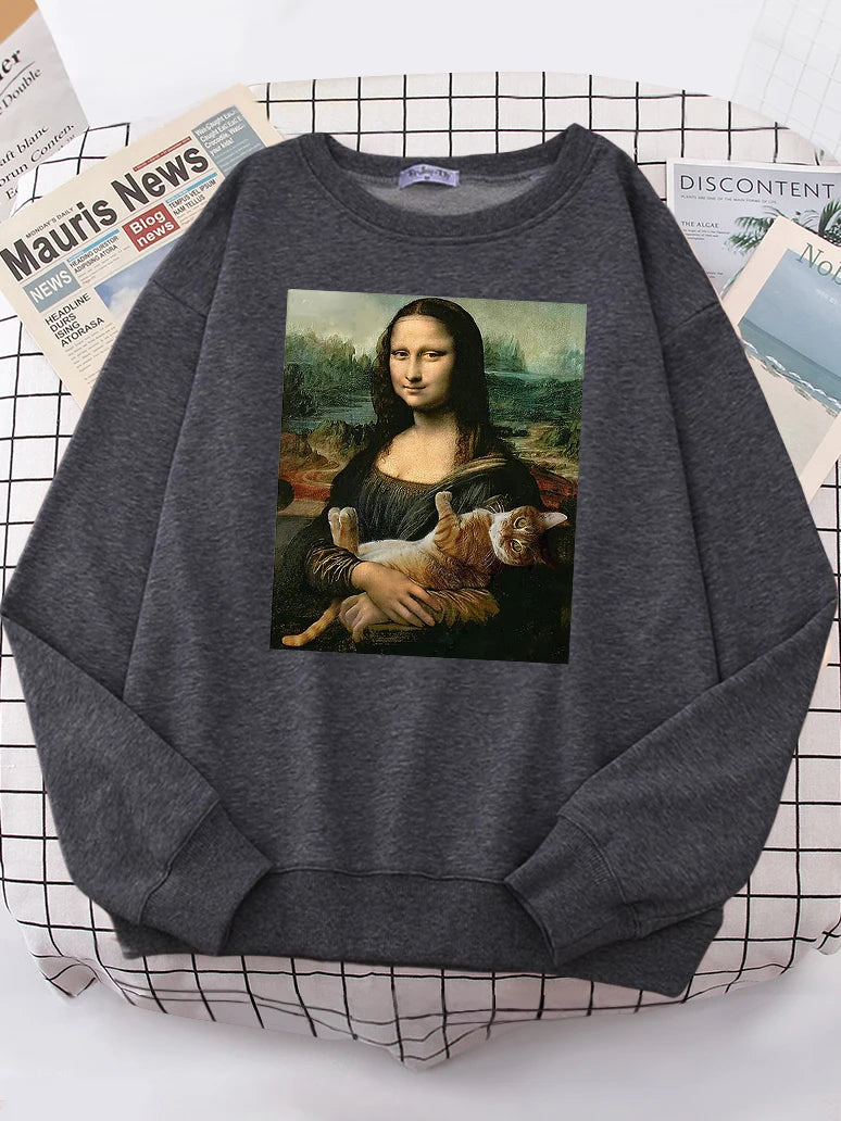 Mona Lisa Hugging Cat Women Sweatshirt