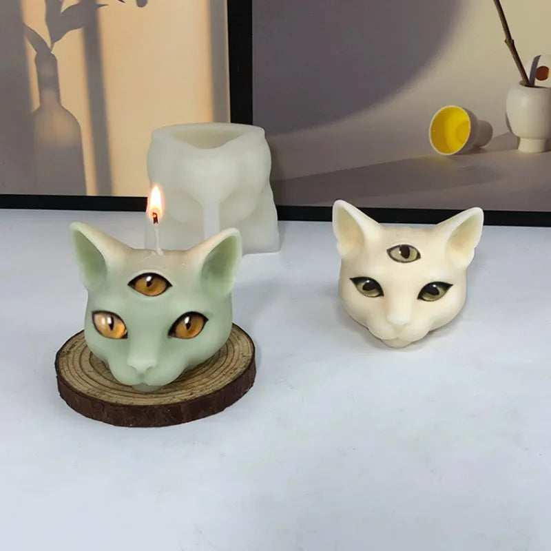 Three-eyes Cat Head Silicone Mold for Candle, Soap, Handicraft etc.