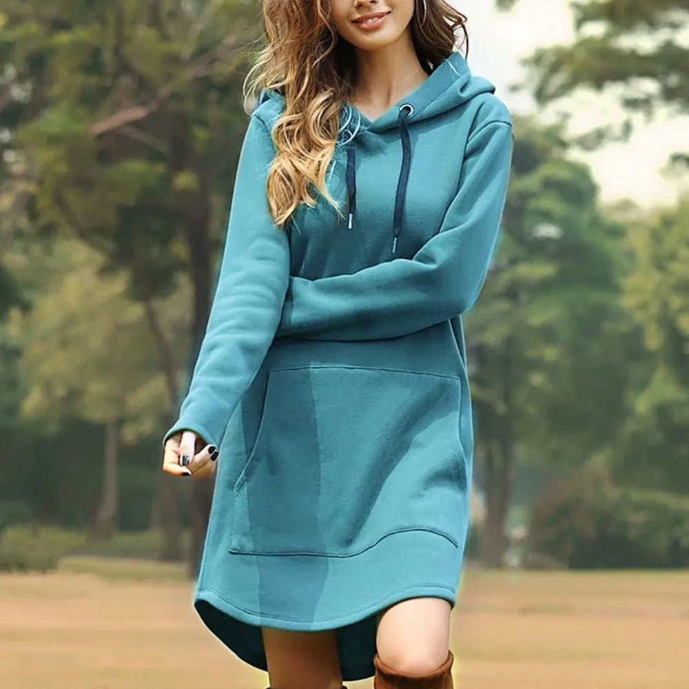 Long Style Women Hoodie Dress with Pockets