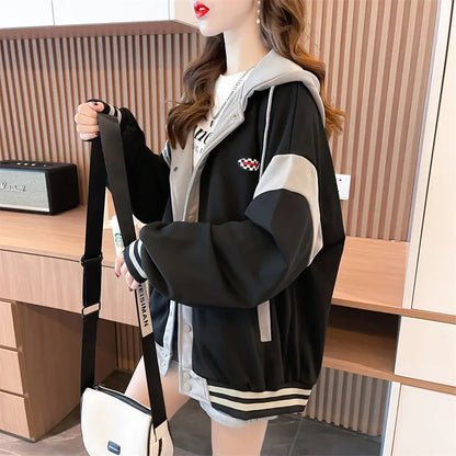 Fashion Hooded Loose Baseball Style Women Cardigan Jacket