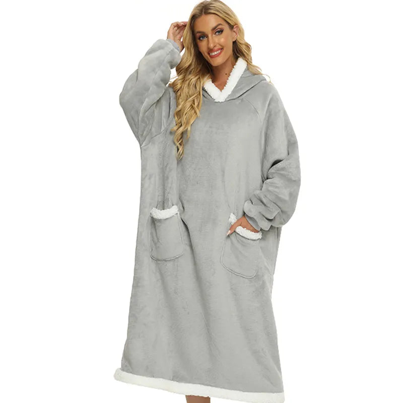 Super Long Home Flannel Robe-Hoodie