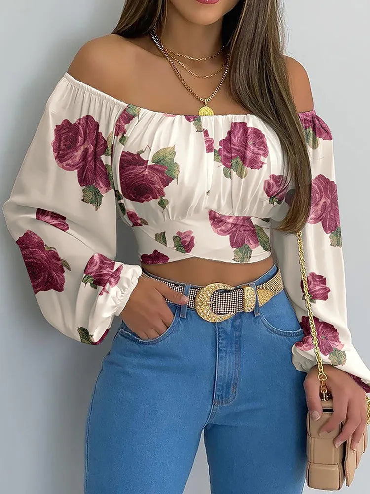 Off shoulder women roses print blouse long sleeve top