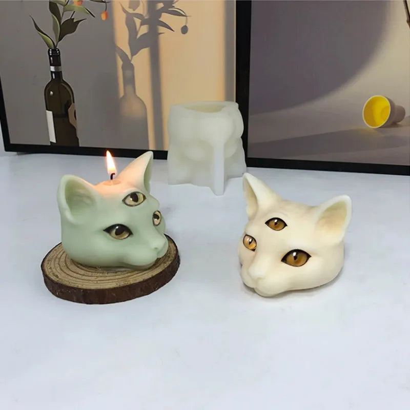 Three-eyes Cat Head Silicone Mold for Candle, Soap, Handicraft etc.