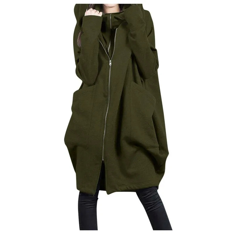 Long Loose Zip Up Women Hoodie Coat