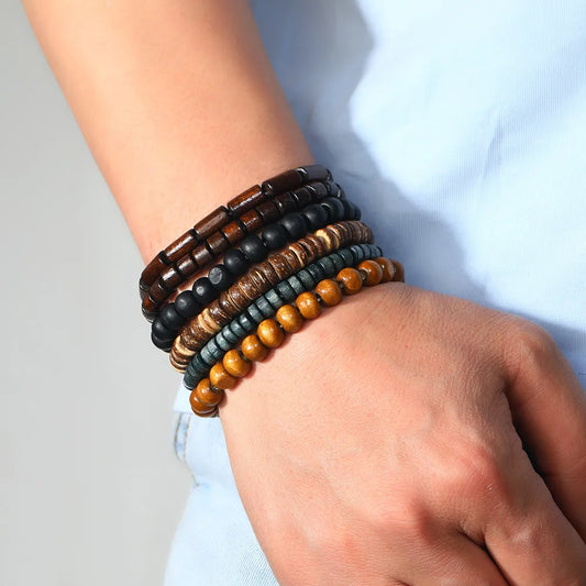 Multilayer Oriental Elastic Wooden Men Bracelets