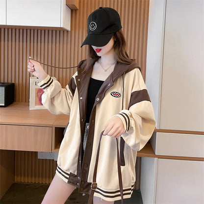 Fashion Hooded Loose Baseball Style Women Cardigan Jacket