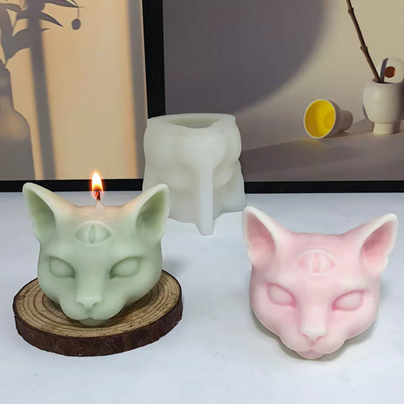 Three-eyes Cat Head Silicone Mold for Candle, Soap, Handicraft etc.