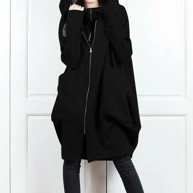 Long Loose Zip Up Women Hoodie Coat