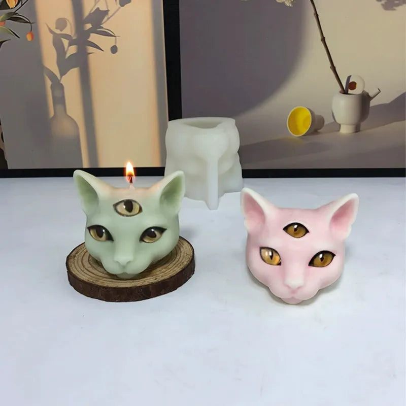 Three-eyes Cat Head Silicone Mold for Candle, Soap, Handicraft etc.