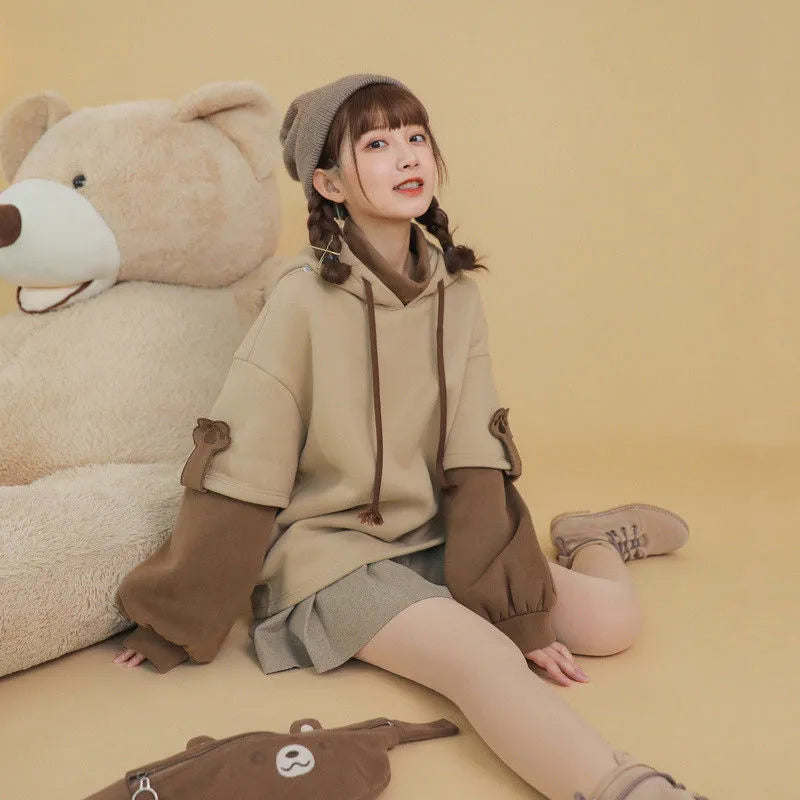 Harajuku Style Streetwear Women Hoodie with Cute Bear Bag