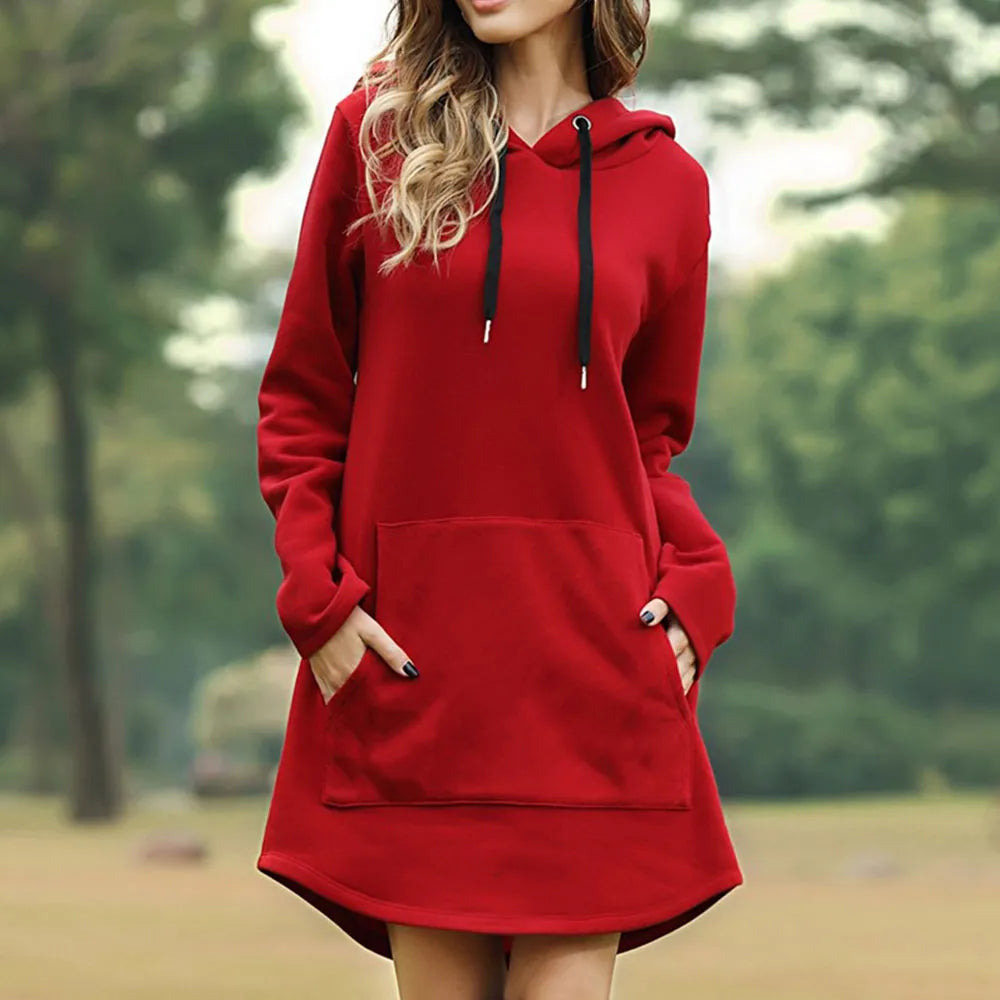 Long Style Women Hoodie Dress with Pockets