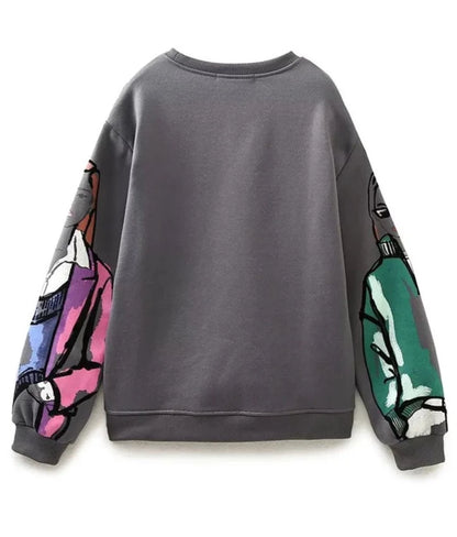 Women Modern Print Loose Fleece Sweatshirt Pullover