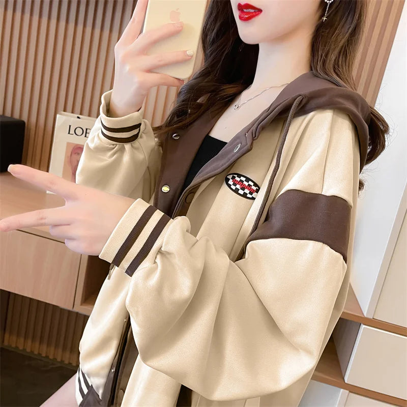 Fashion Hooded Loose Baseball Style Women Cardigan Jacket