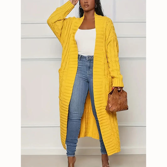 Autumn winter women cardigan long sleeve knit yellow sweater with pockets