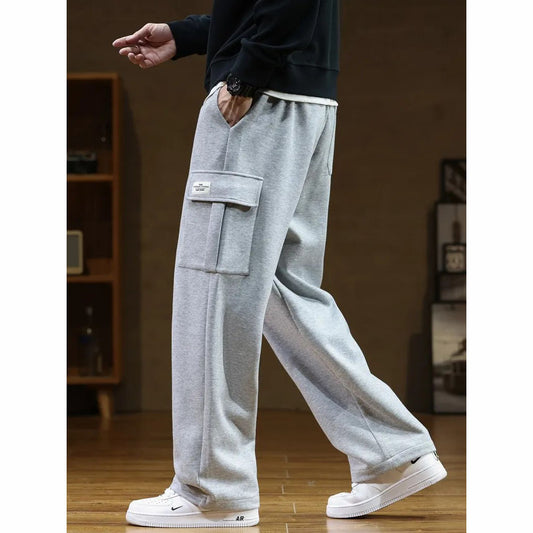 Casual multi pockets drawstring men sweatpants grey