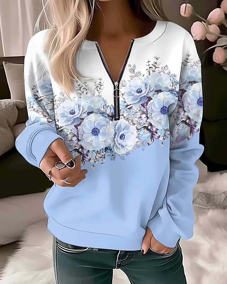 Elegant flower painting zip up women sweatshirt blue