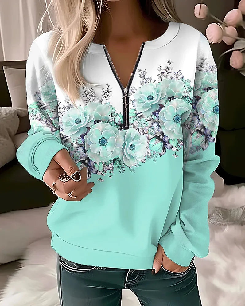 Elegant flower painting zip up women sweatshirt green color