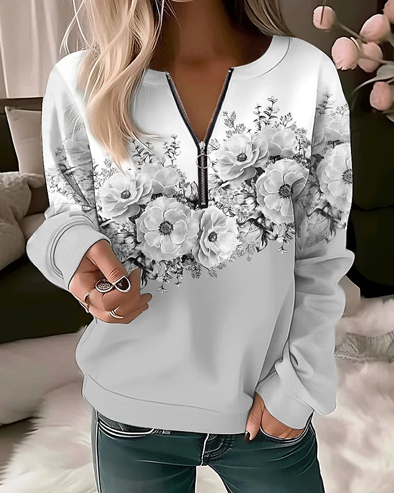 Elegant flower painting zip up women sweatshirt grey color