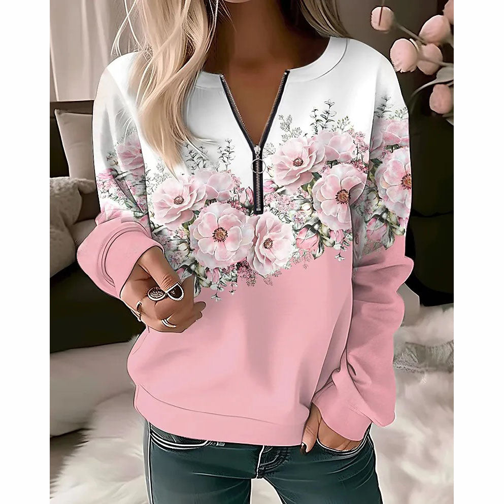 Elegant flower painting zip up women sweatshirt pink color