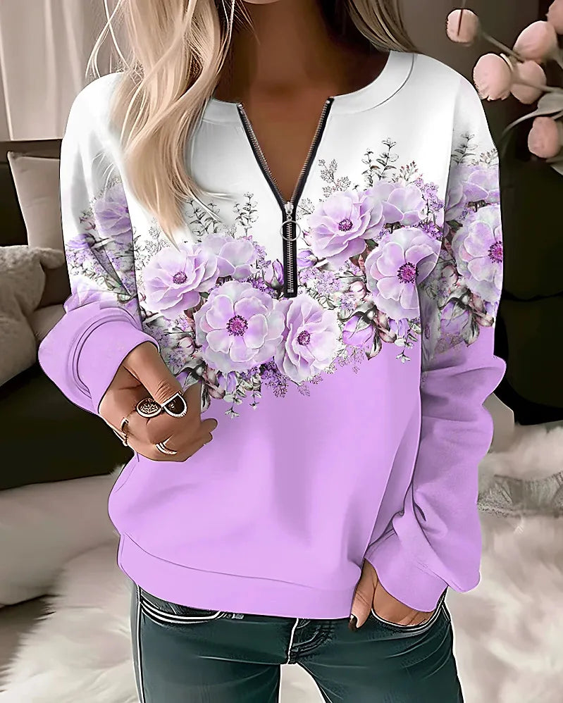 Elegant flower painting zip up women sweatshirt violet color