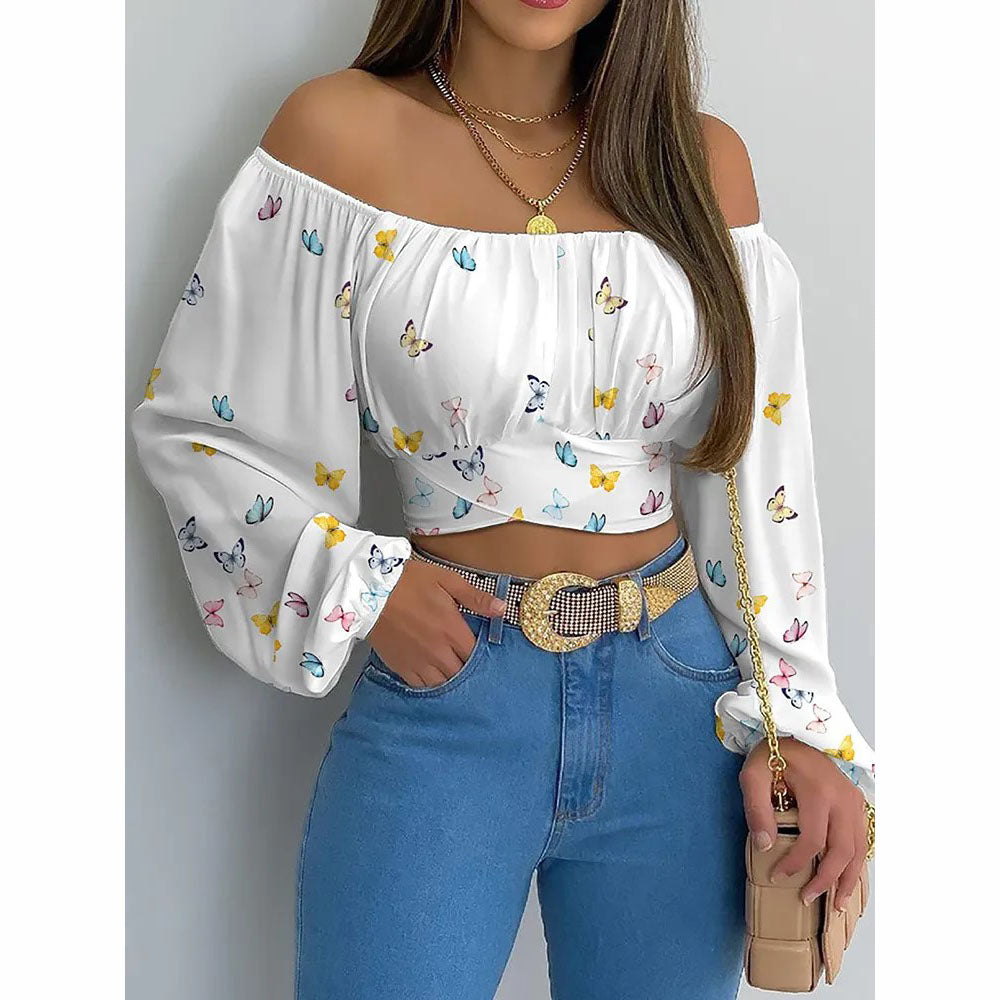 Elegant off shoulder women print blouse long sleeve top butterflies