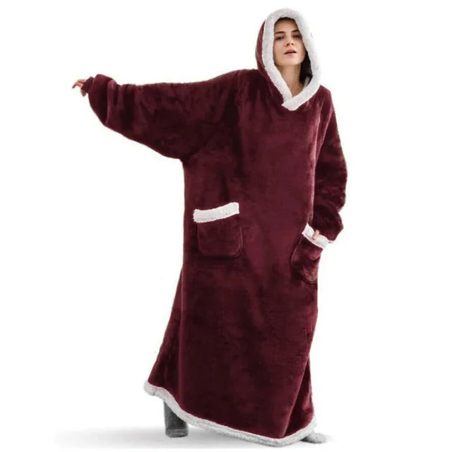 Super Long Home Flannel Robe-Hoodie