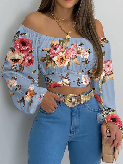 Off shoulder women flowers print blouse long sleeve top